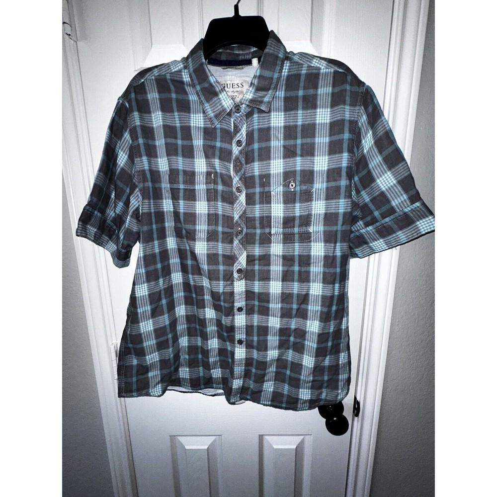Guess 81 Button Down Shirt Men's XL Grey Blue Plaid Short Sleeve Up